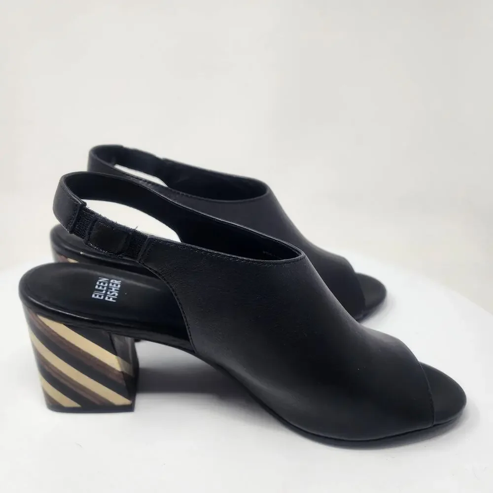 Eileen Fisher Bobbie Slingback Sandal Women 9.5 Italian Black Leather Wood Heel